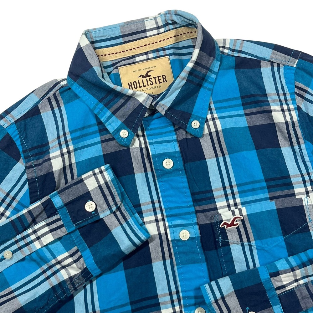 Hollister Plaid Button‎ Down Mens Medium Blue Check Long Sleeve Muscle Fit Shirt